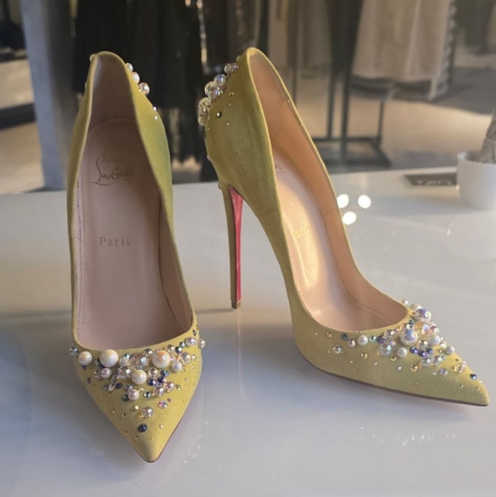 Christian Louboutin Yellow Pearl Embellished Heels